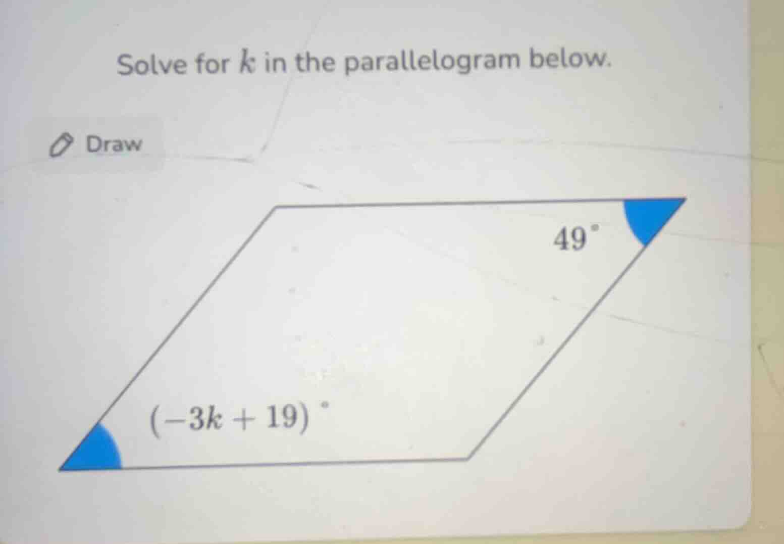 solve for ( k ) in the parallelogram below.