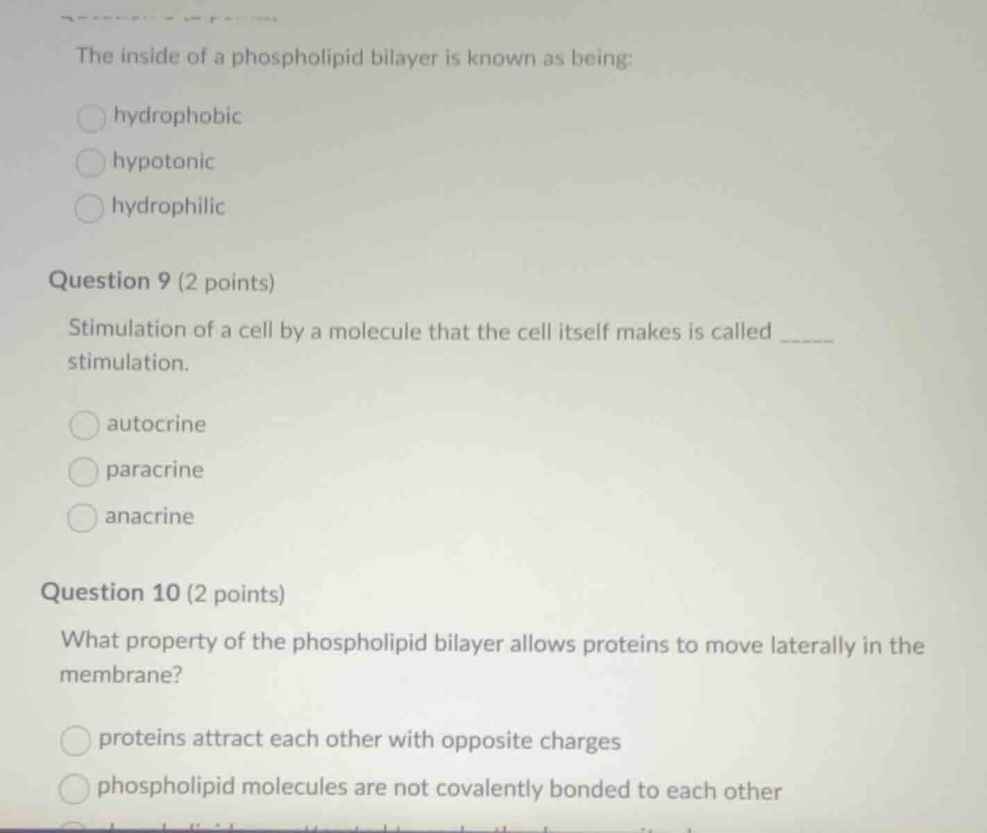 the inside of a phospholipid bilayer is known as being: hydrophobic hyp…
