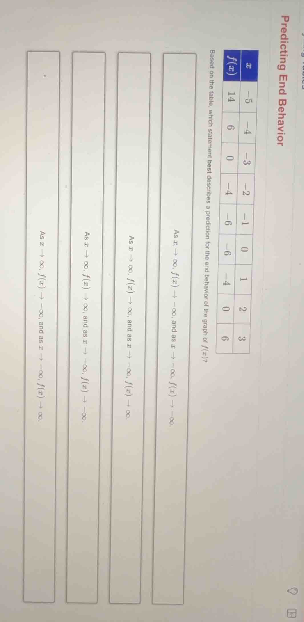 predicting end behavior based on the table, which statement best descri…