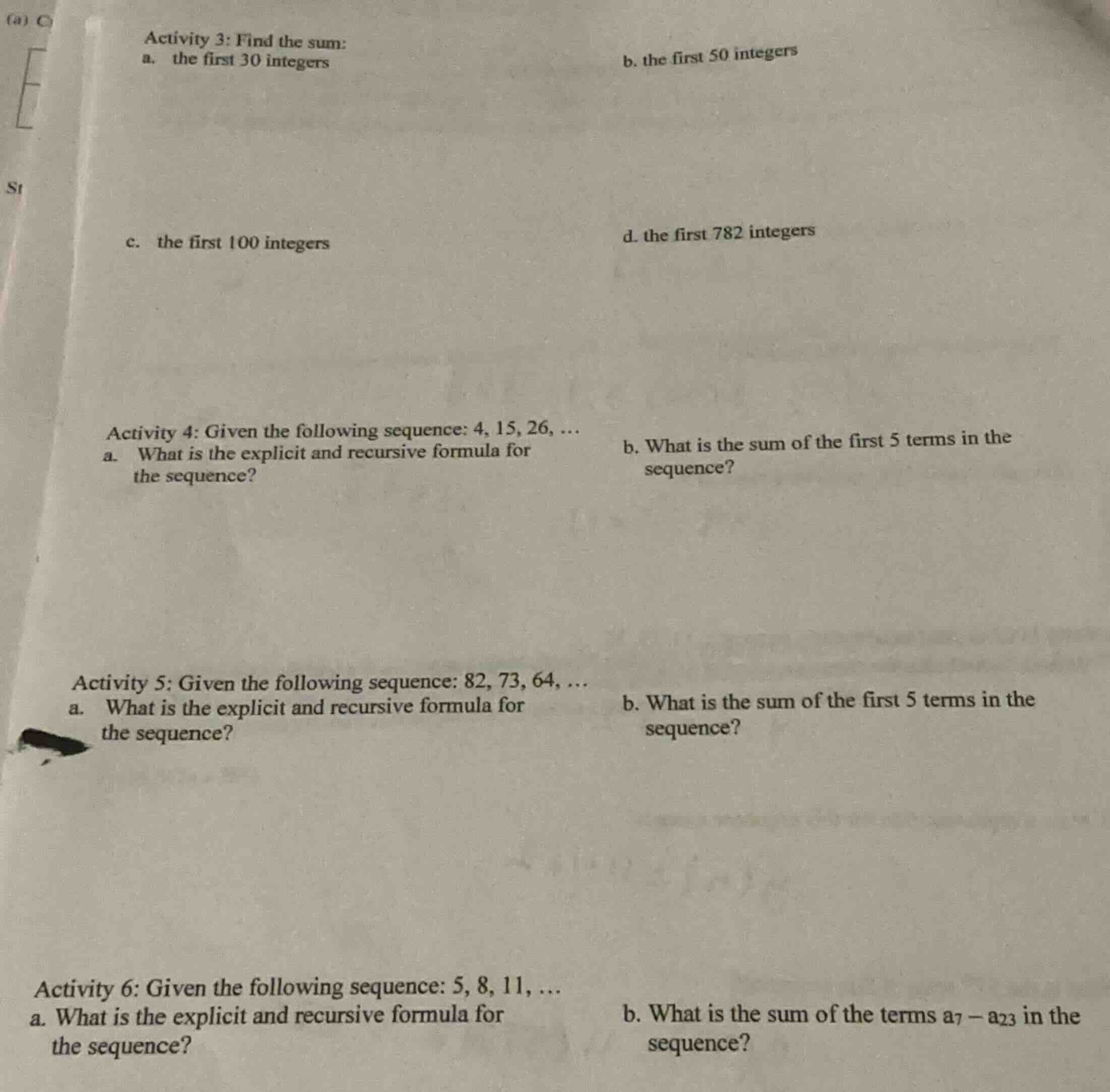 activity 3: find the sum: a. the first 30 integers b. the first 50 inte…