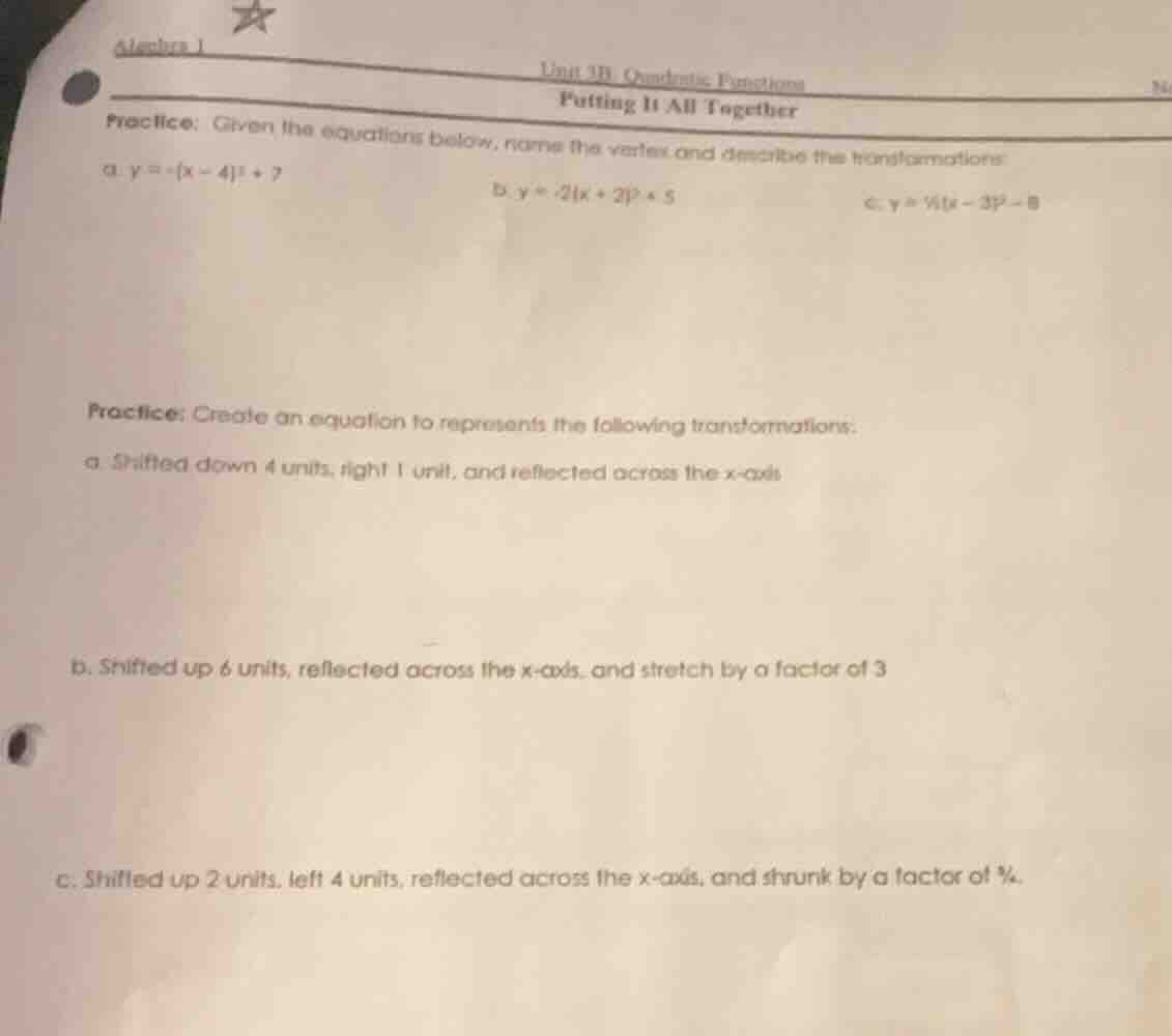algebra 1 unit 3b quadratic functions putting it all together practice:…