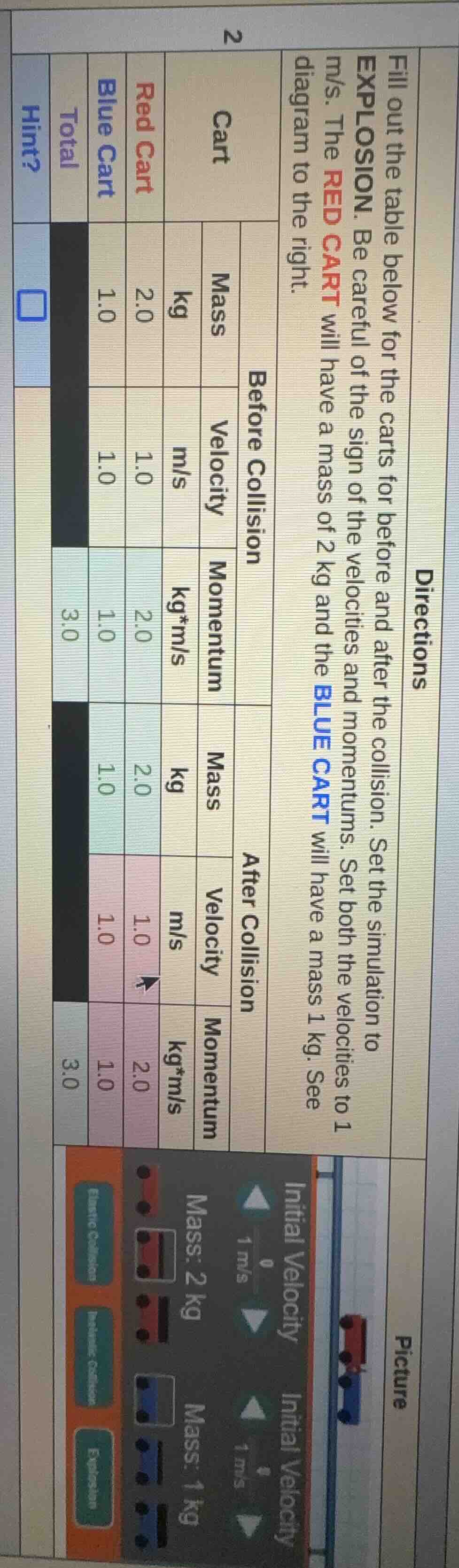 fill out the table below for the carts for before and after the collisi…