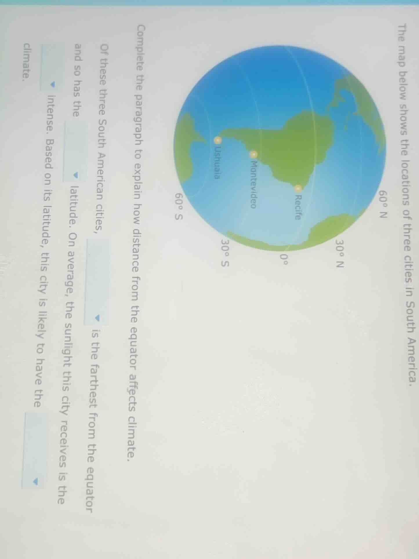 the map below shows the locations of three cities in south america. com…