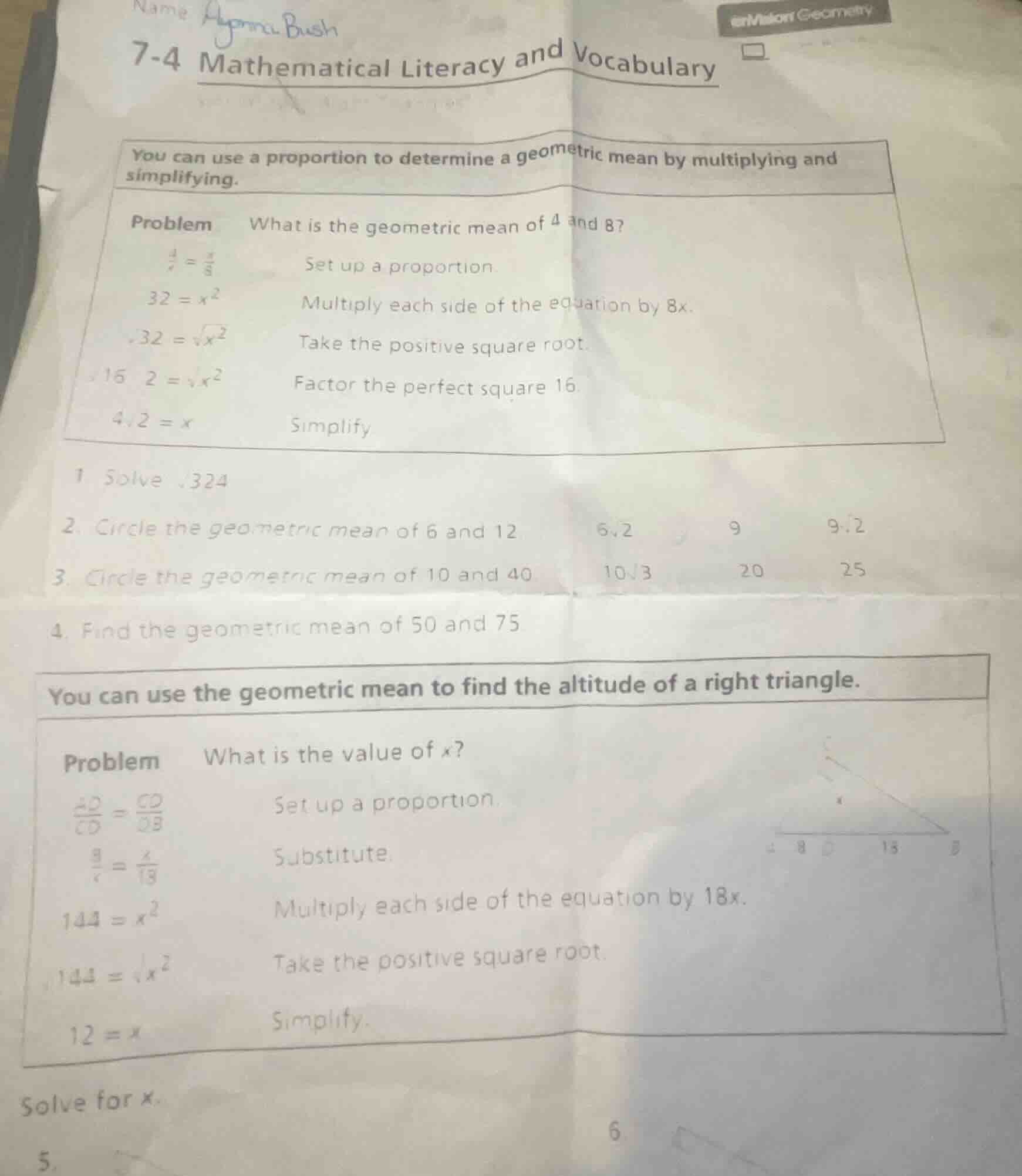 name alyonna bush envision geometry 7-4 mathematical literacy and vocab…