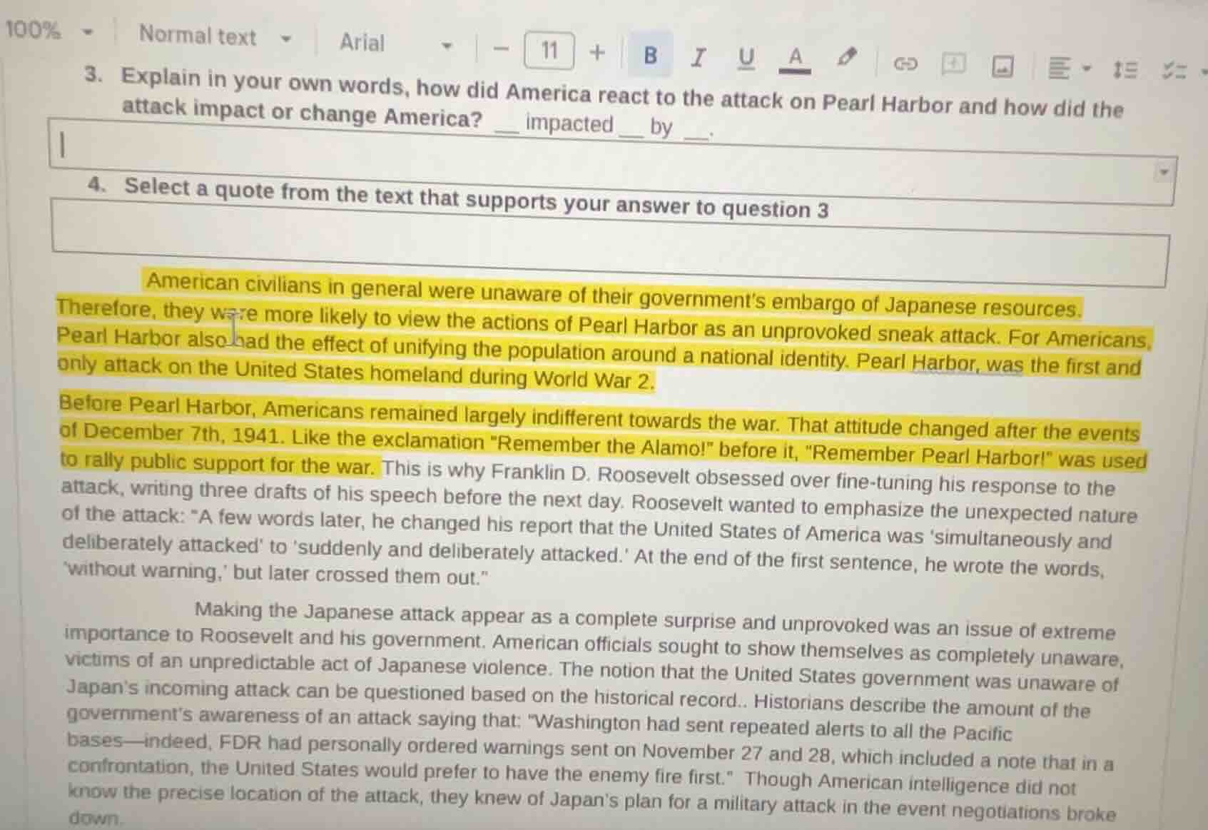 3. explain in your own words, how did america react to the attack on pe…
