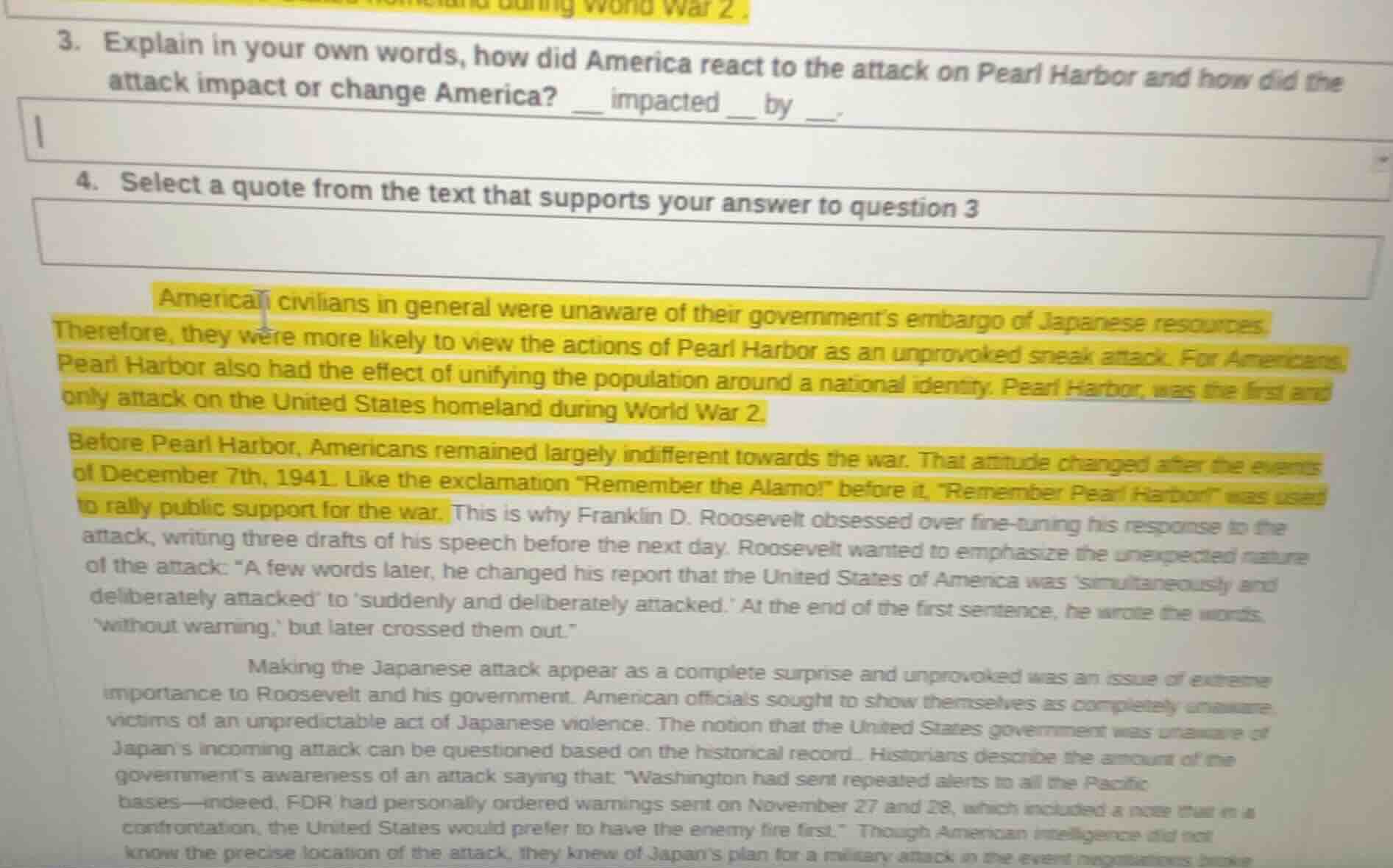 3. explain in your own words, how did america react to the attack on pe…
