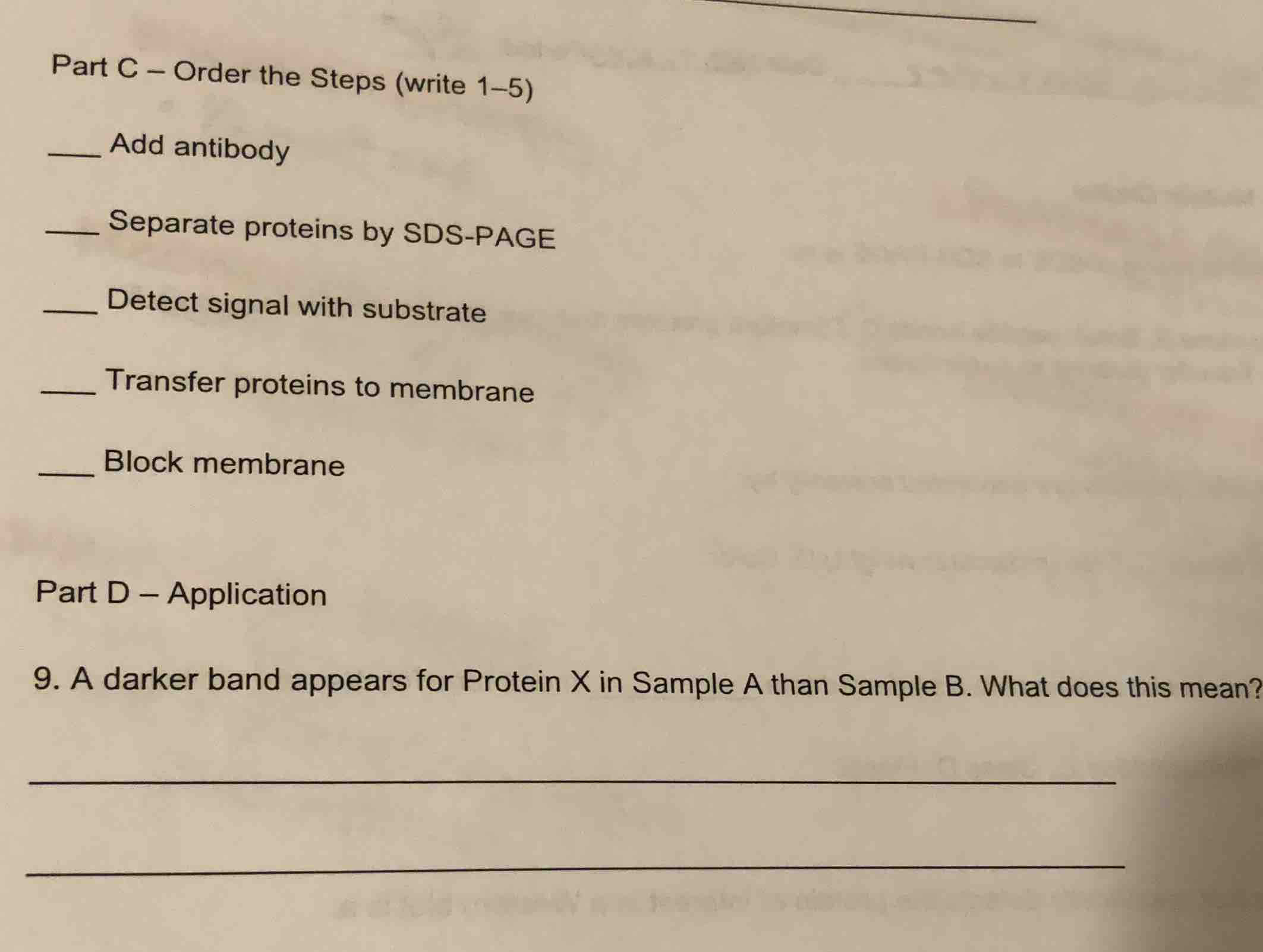 part c – order the steps (write 1–5) ____ add antibody ____ separate pr…