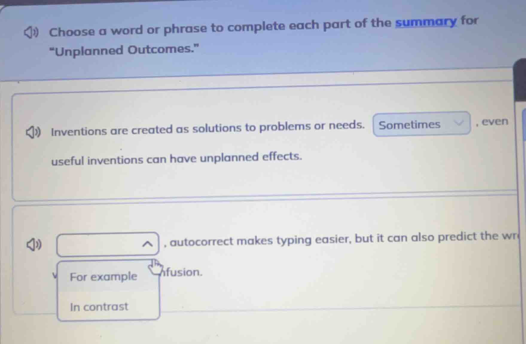 choose a word or phrase to complete each part of the summary for \unpla…