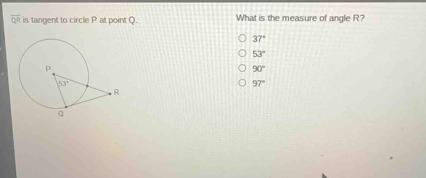 qr is tangent to circle p at point q. what is the measure of angle r? 3…