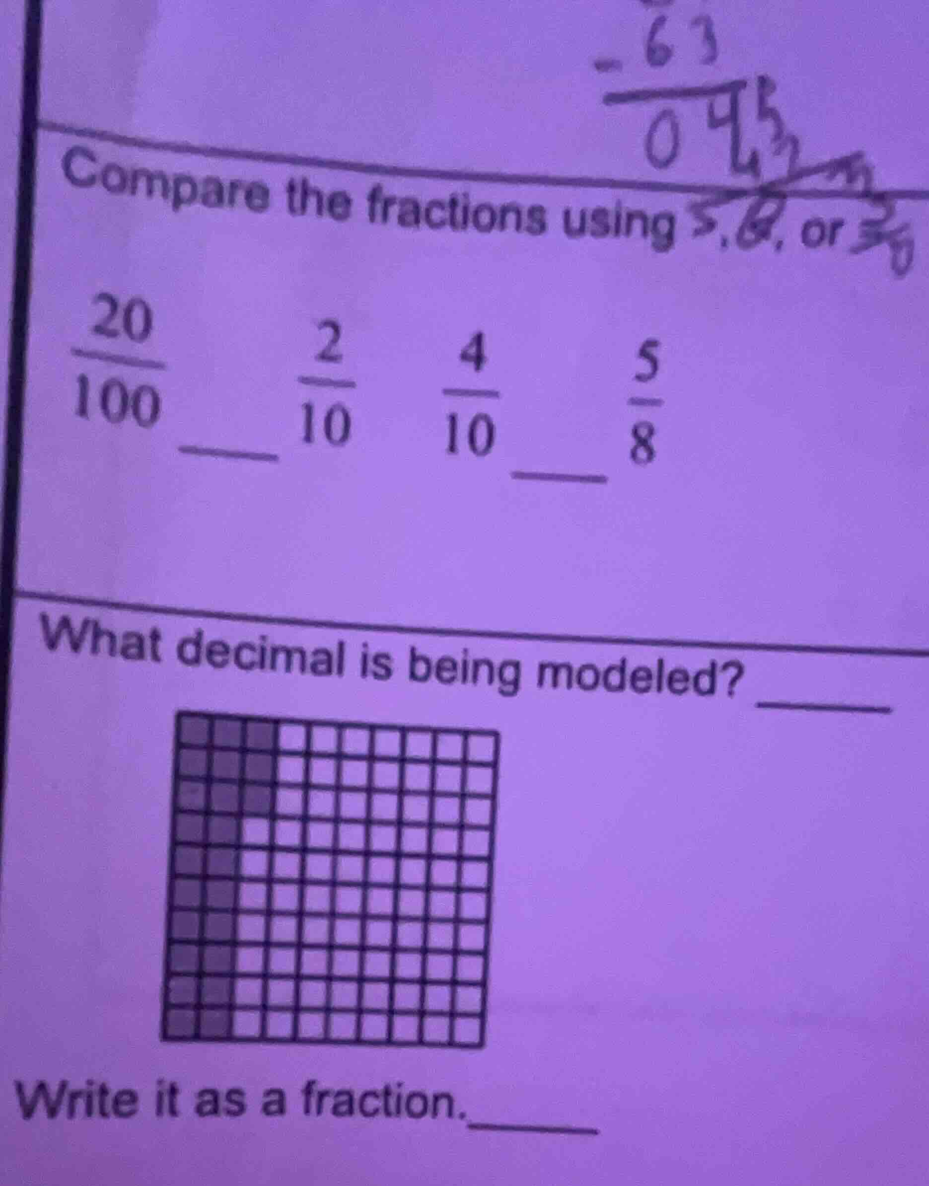 compare the fractions using >, <, or = \\frac{20}{100} ___ \\frac{2}{10…