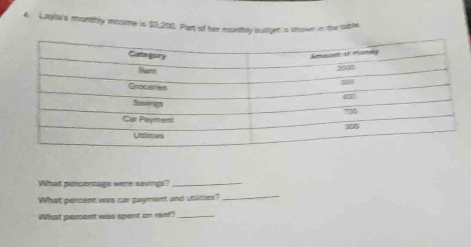 4. laylas monthly income is $3,200. part of her monthly budget is shown…