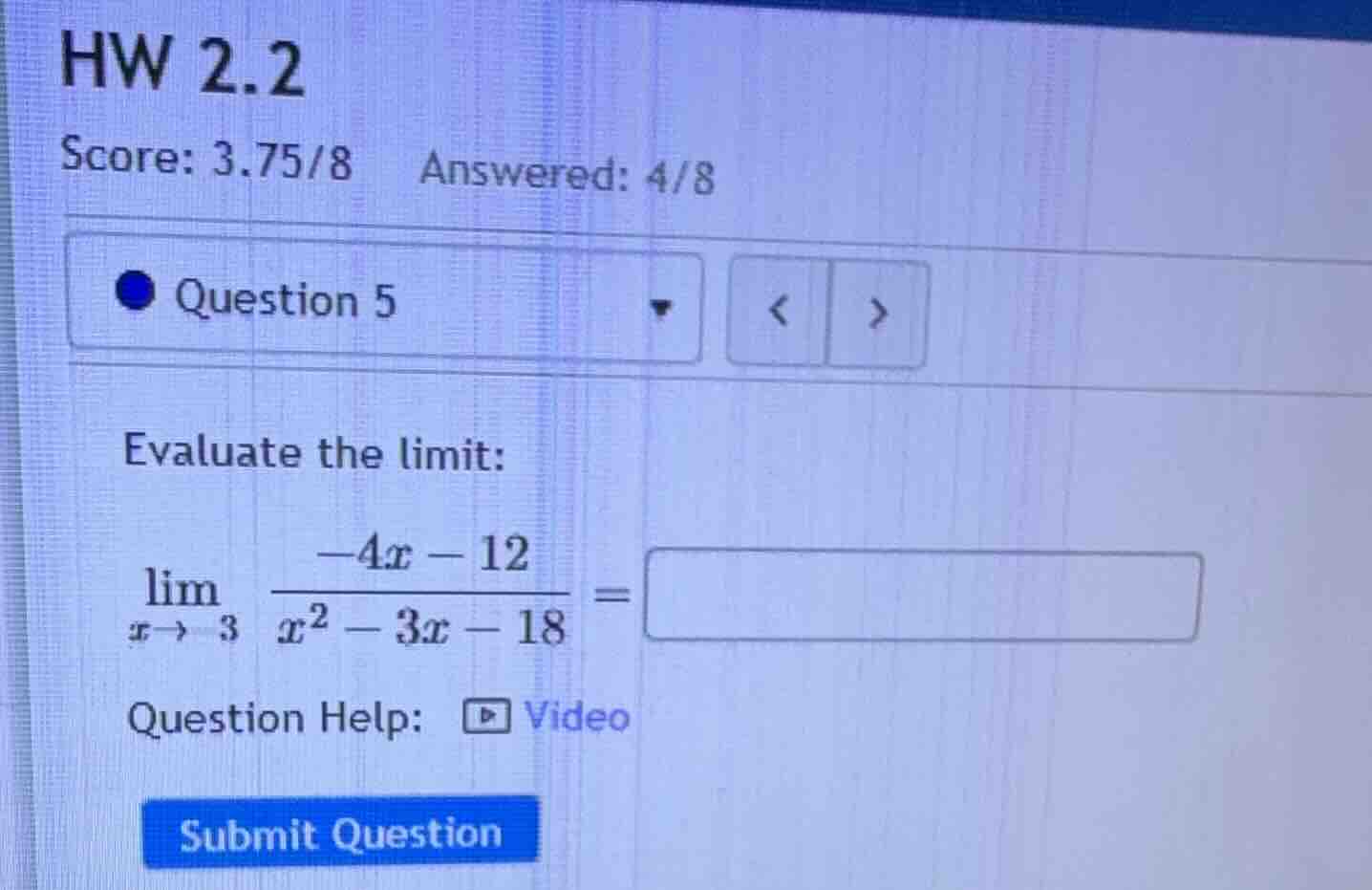 hw 2.2 score: 3.75/8 answered: 4/8 question 5 evaluate the limit: \\(\\…
