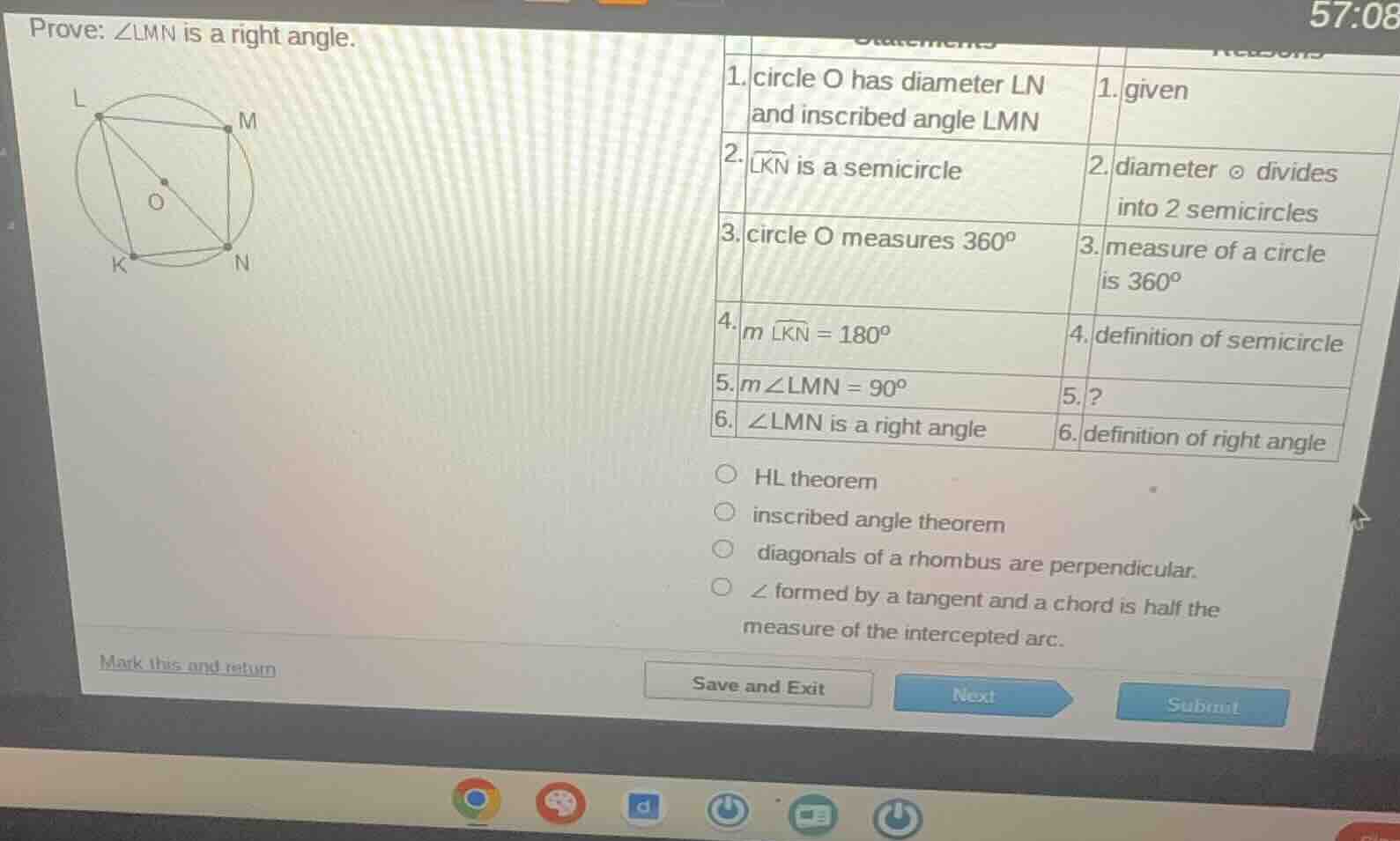 prove: ∠lmn is a right angle. 1. circle o has diameter ln and inscribed…