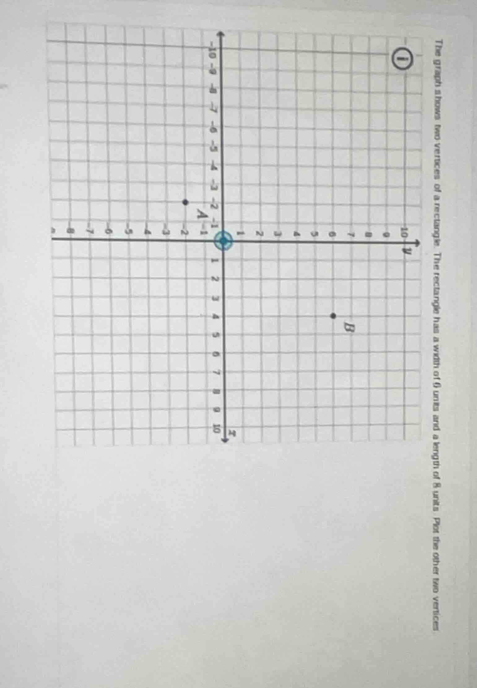 the graph shows two vertices of a rectangle. the rectangle has a width …