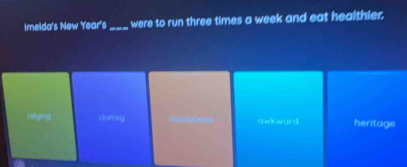 imeldas new years ___ were to run three times a week and eat healthier.…