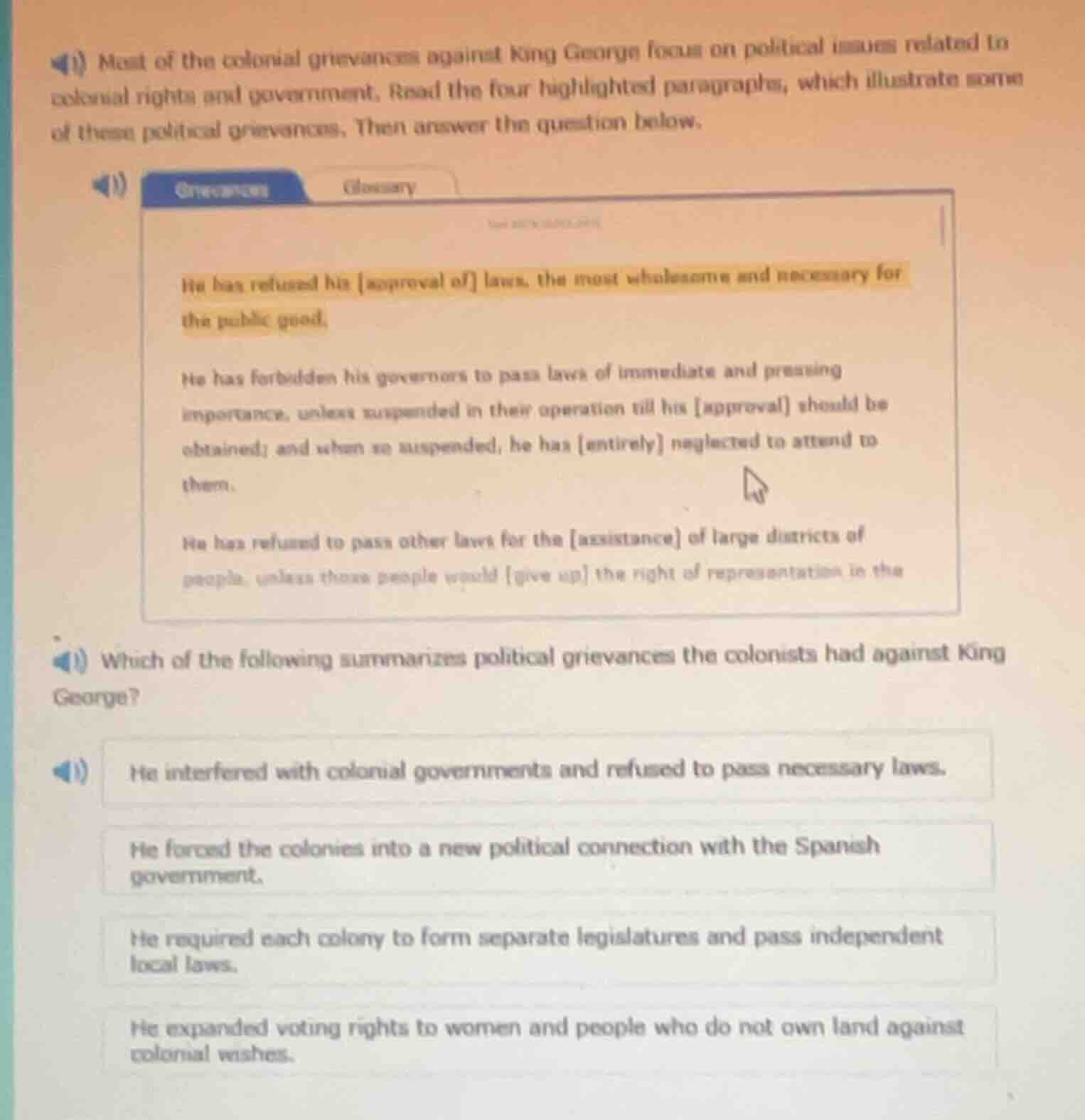 most of the colonial grievances against king george focus on political …