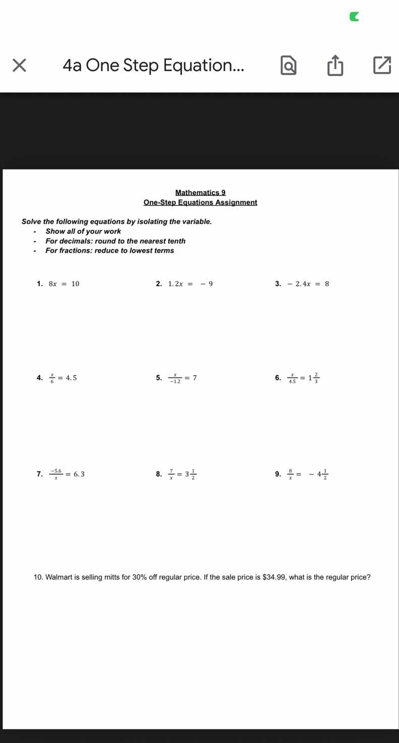 mathematics 9 one - step equations assignment solve the following equat…