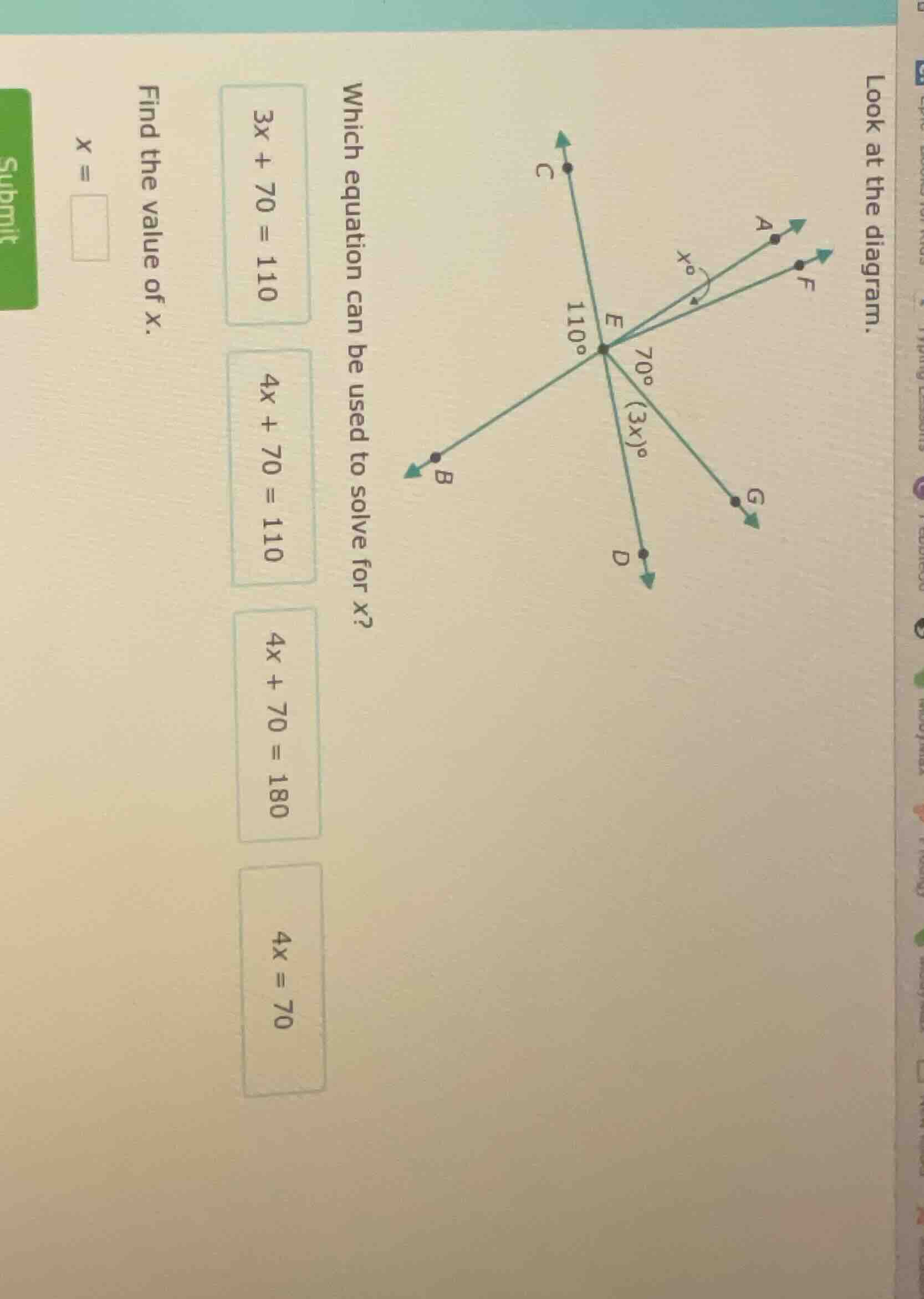 look at the diagram. which equation can be used to solve for x? 3x + 70…
