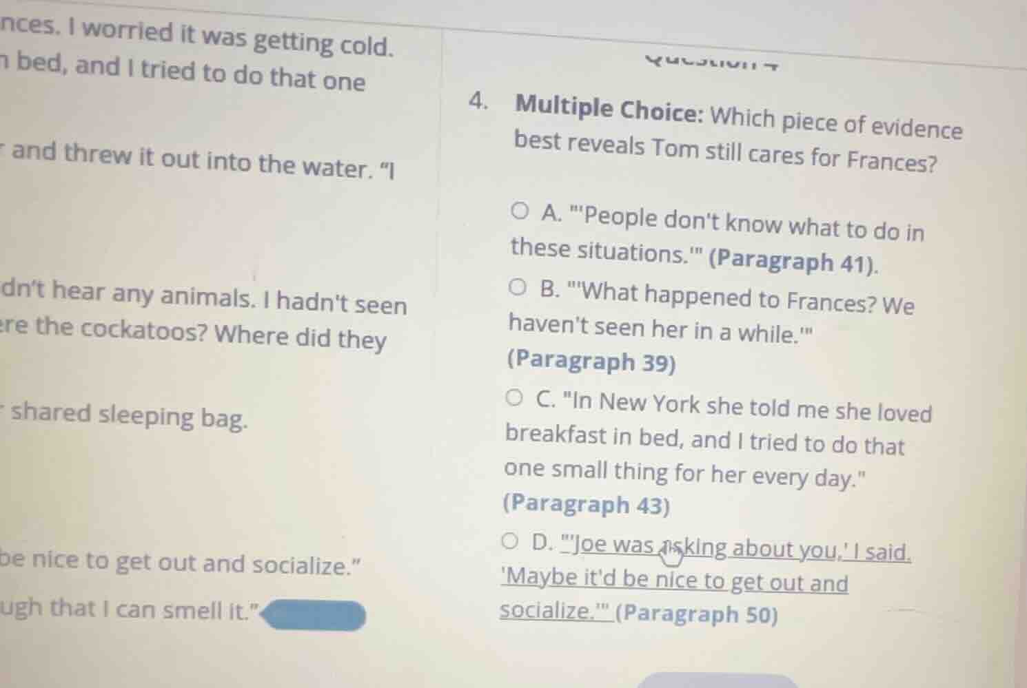 4. multiple choice: which piece of evidence best reveals tom still care…