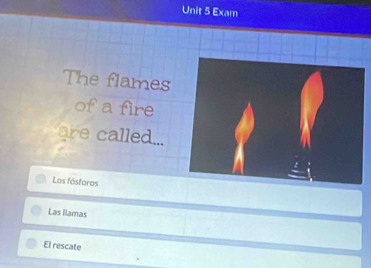 unit 5 exam the flames of a fire are called... los fósforos las llamas …