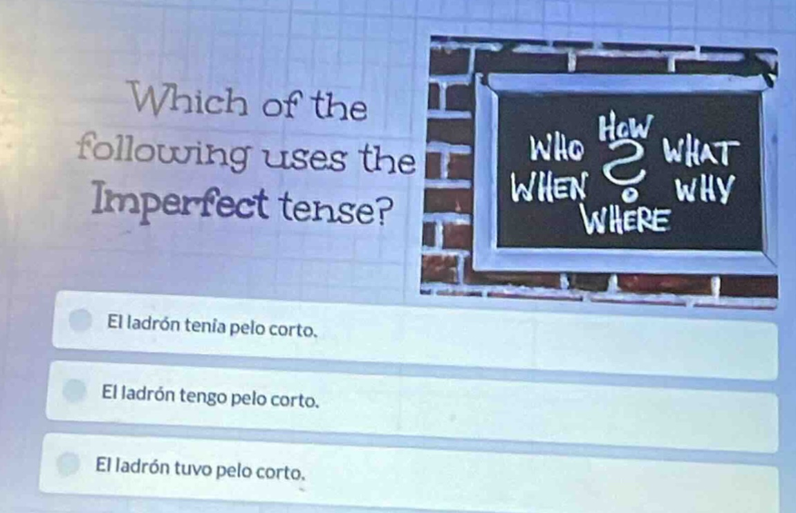 which of the following uses the imperfect tense? el ladrón tenía pelo c…