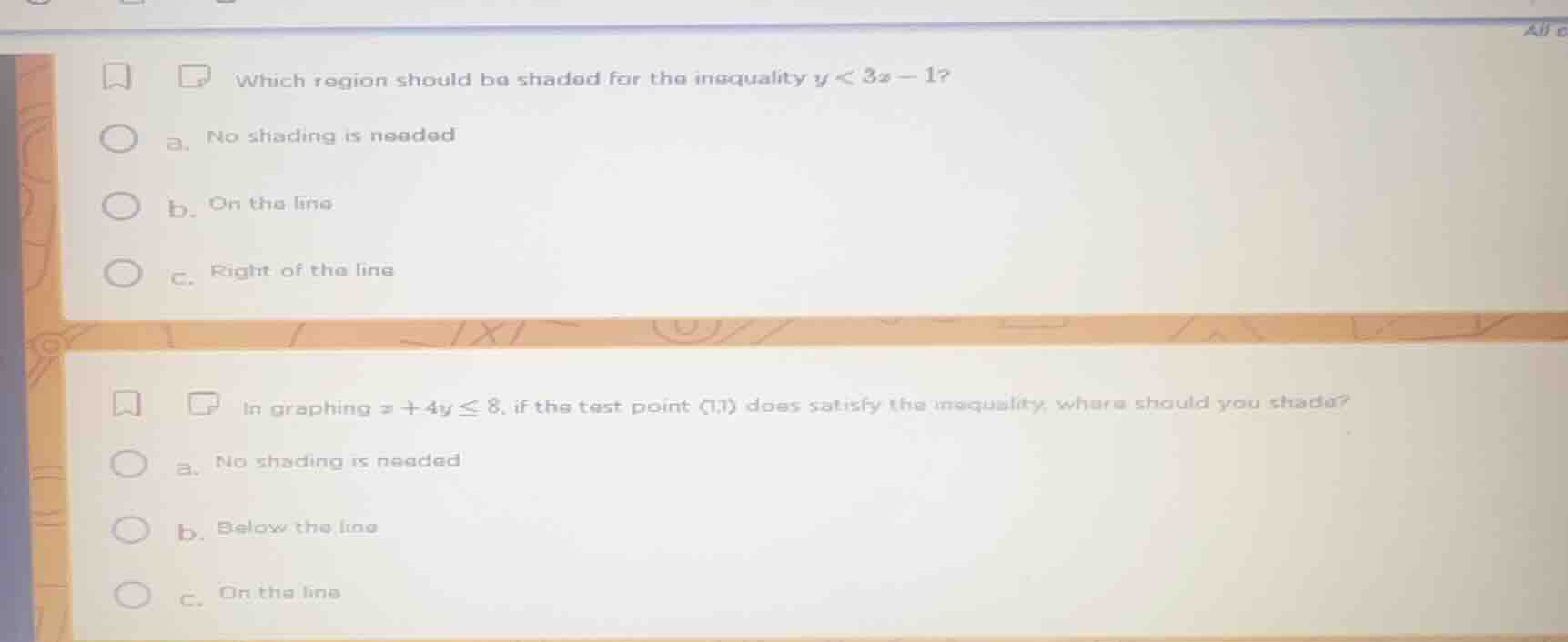 which region should be shaded for the inequality $y < 3x - 1$? a. no sh…