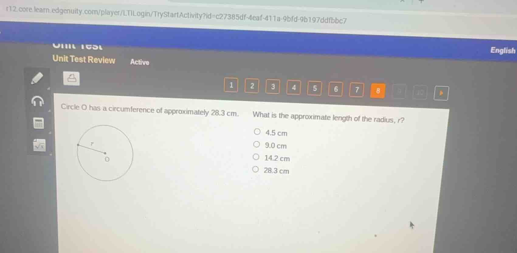 circle o has a circumference of approximately 28.3 cm. what is the appr…