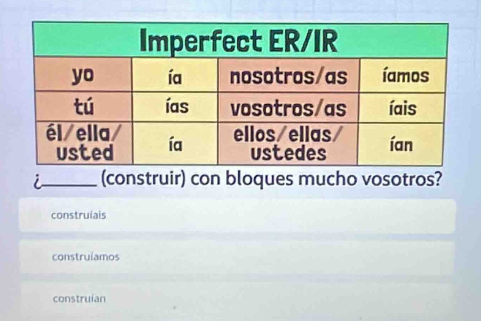 imperfect er/ir yo\tía\tnosotros/as\tíamos tú\tías\tvosotros/as\tíais é…
