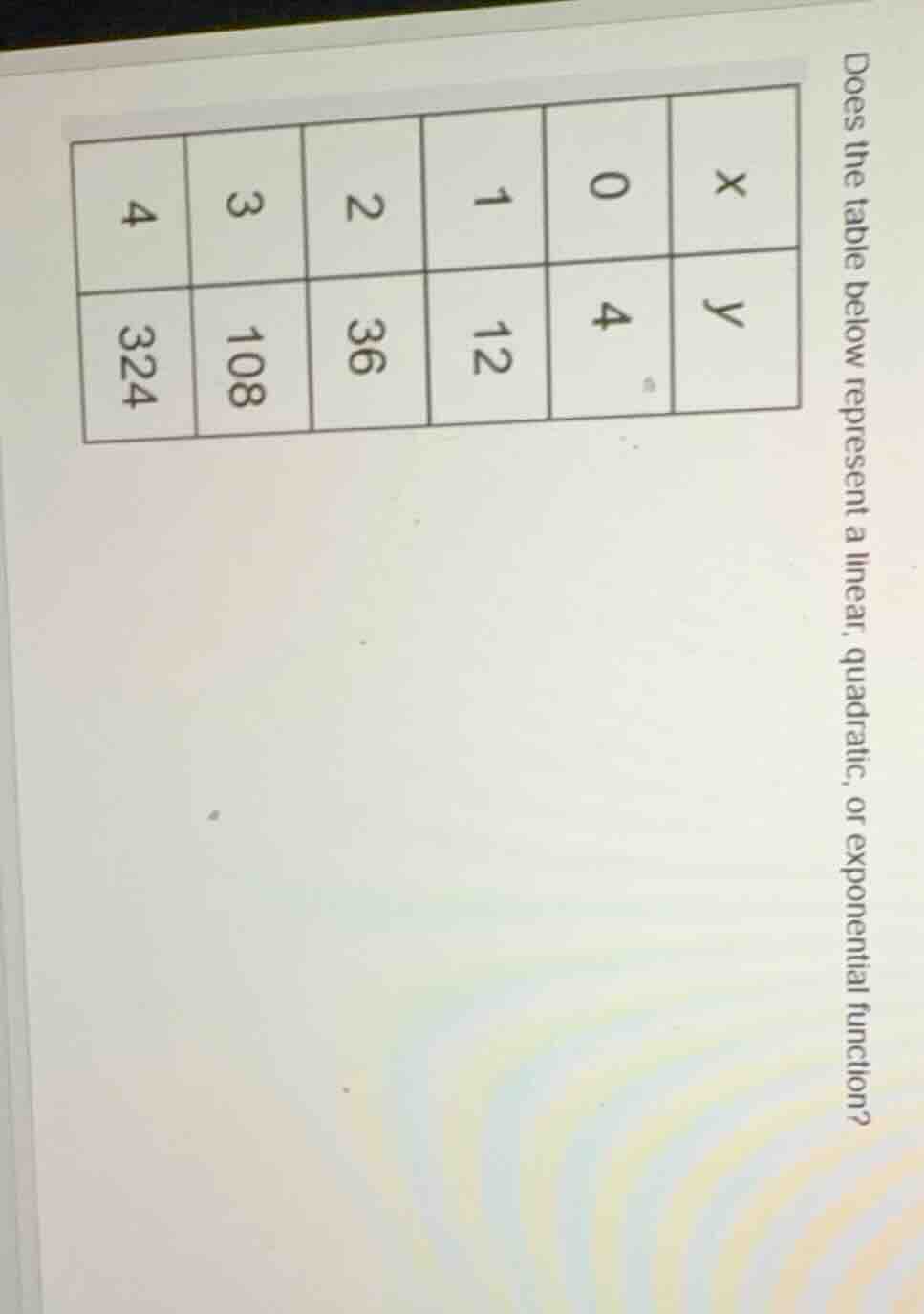 does the table below represent a linear, quadratic, or exponential func…