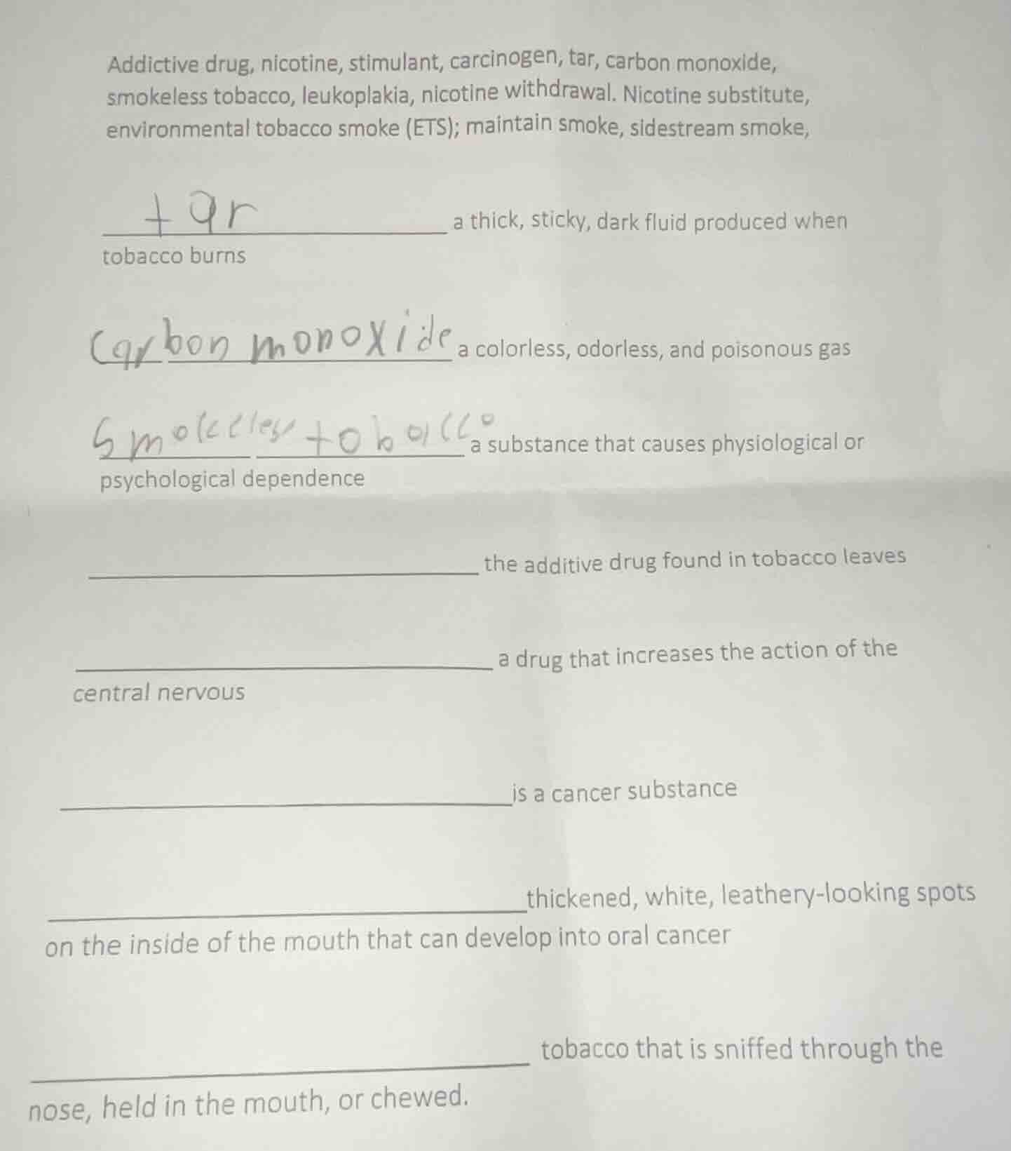 addictive drug, nicotine, stimulant, carcinogen, tar, carbon monoxide, …