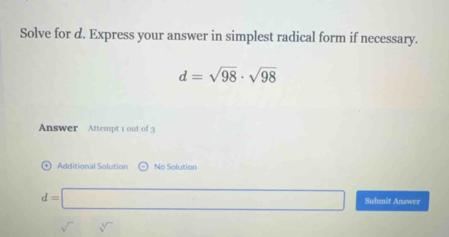 solve for d. express your answer in simplest radical form if necessary.…