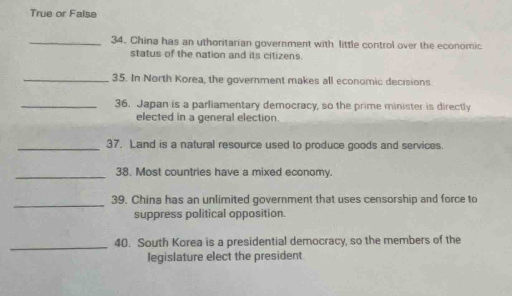 true or false 34. china has an uthoritarian government with little cont…