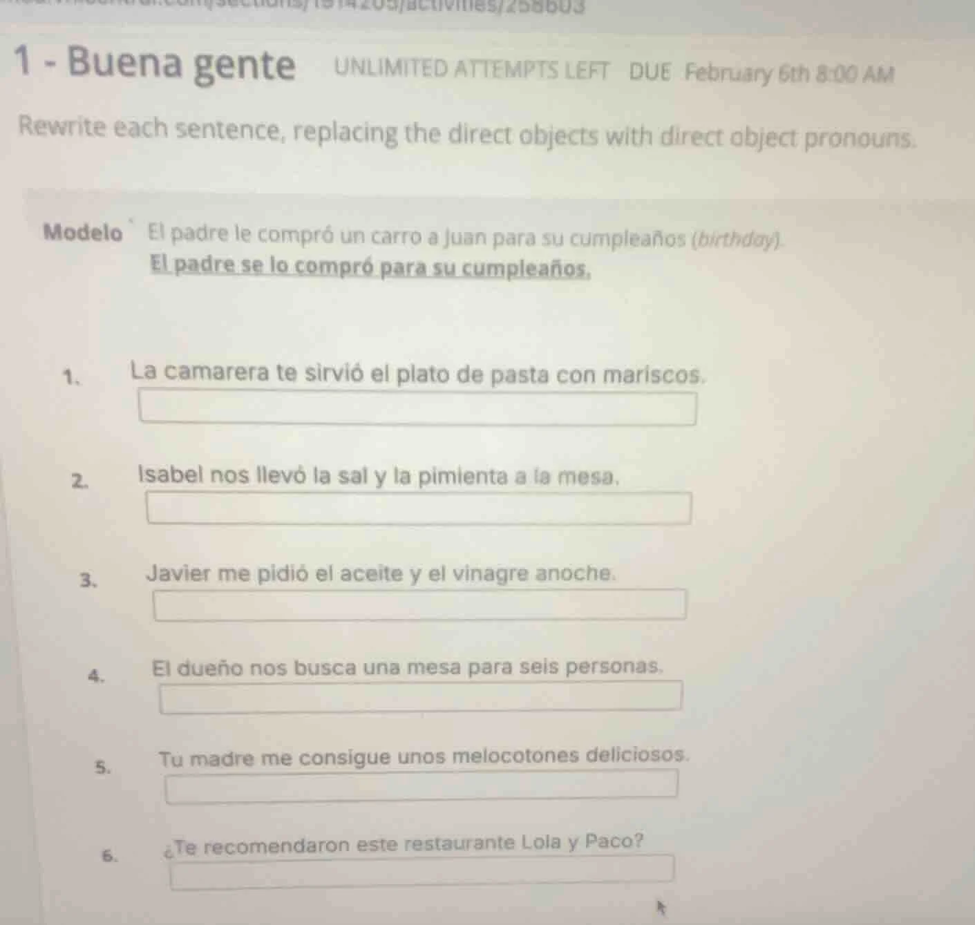 1 - buena gente unlimited attempts left due february 6th 8:00 am rewrit…
