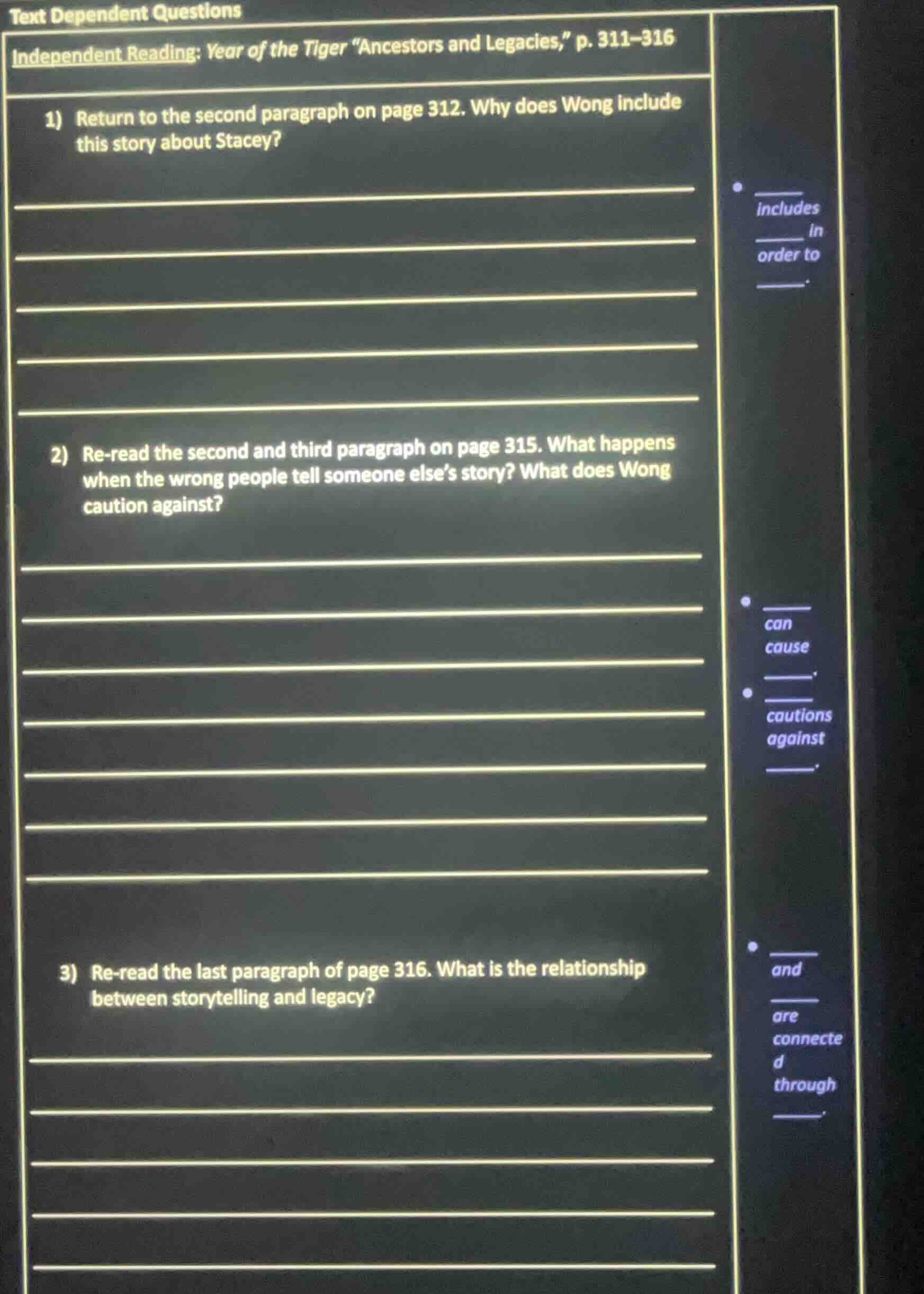 text dependent questions independent reading: year of the tiger \ancest…