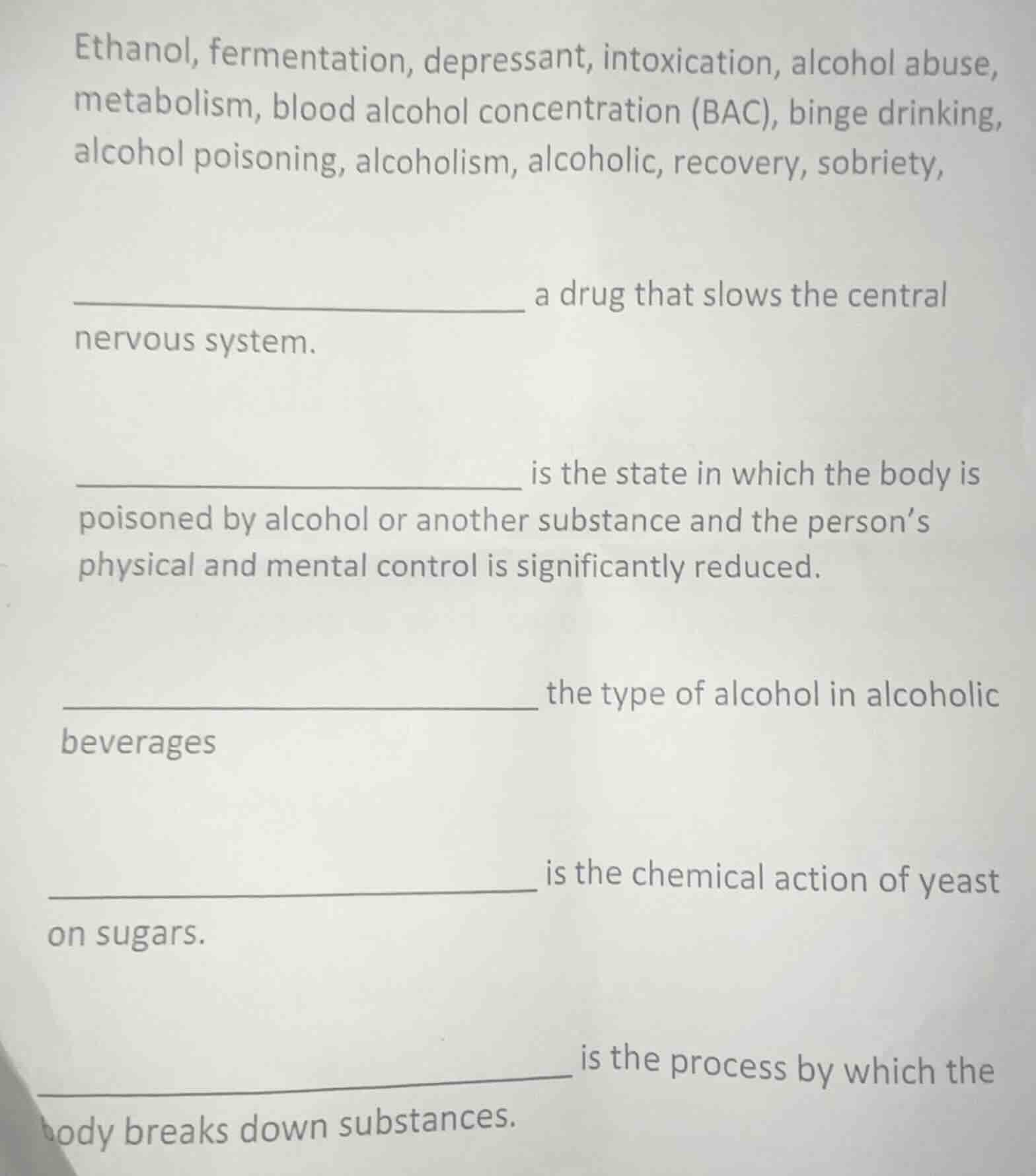 ethanol, fermentation, depressant, intoxication, alcohol abuse, metabol…