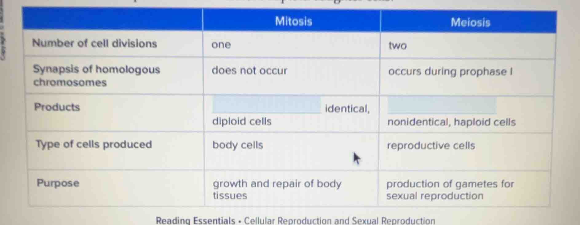 | | mitosis | meiosis | | number of cell divisions | one | two | | syna…