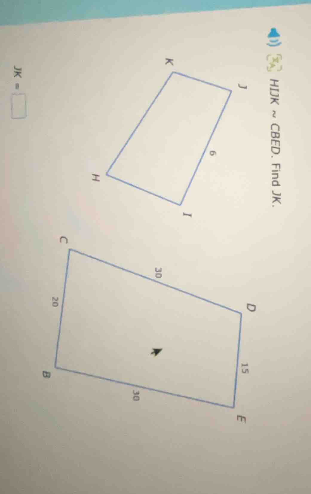 hijk ~ cbed. find jk. jk = \\boxed{}