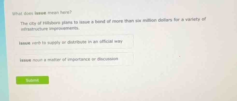 what does issue mean here? the city of hillsboro plans to issue a bond …