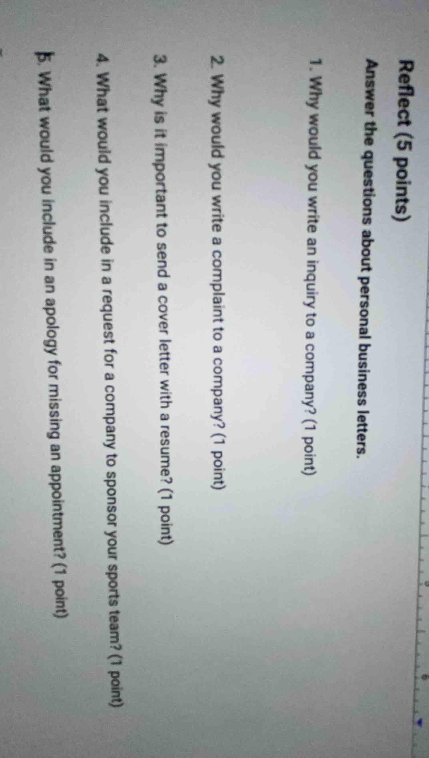 reflect (5 points) answer the questions about personal business letters…