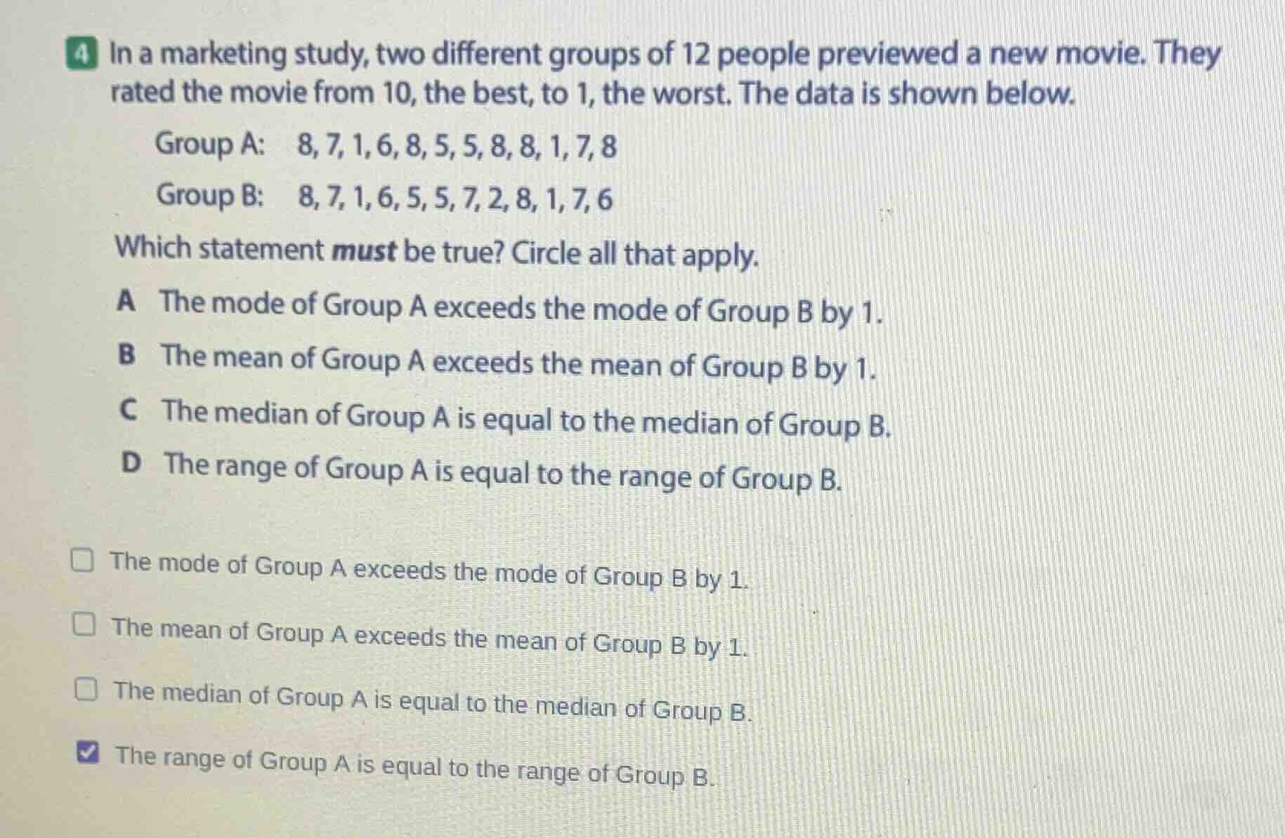 4 in a marketing study, two different groups of 12 people previewed a n…