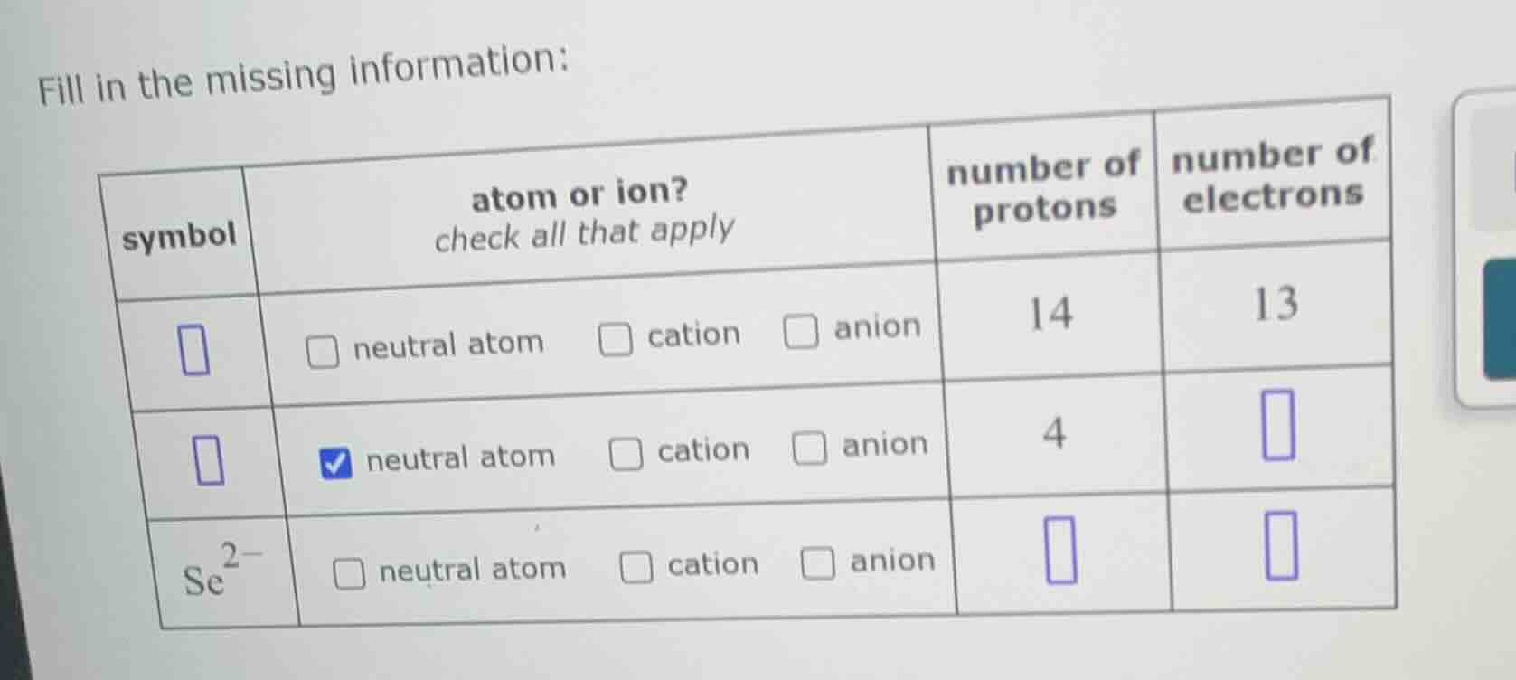fill in the missing information: | symbol | atom or ion? check all that…