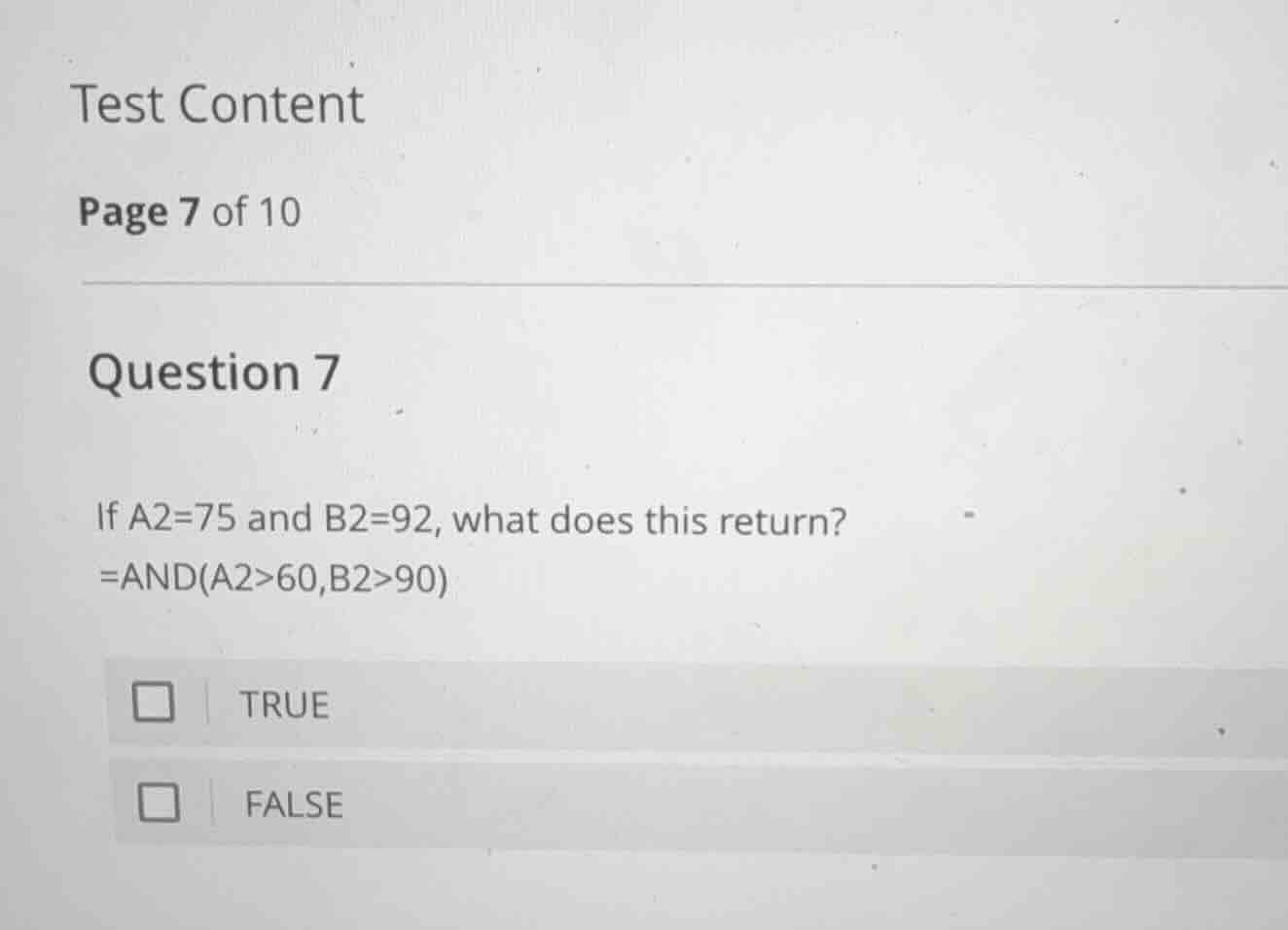 test content page 7 of 10 question 7 if a2=75 and b2=92, what does this…