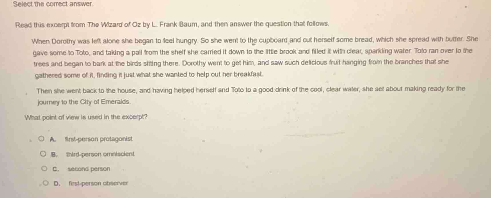select the correct answer. read this excerpt from the wizard of oz by l…