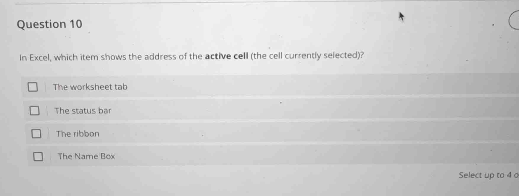 question 10 in excel, which item shows the address of the active cell (…