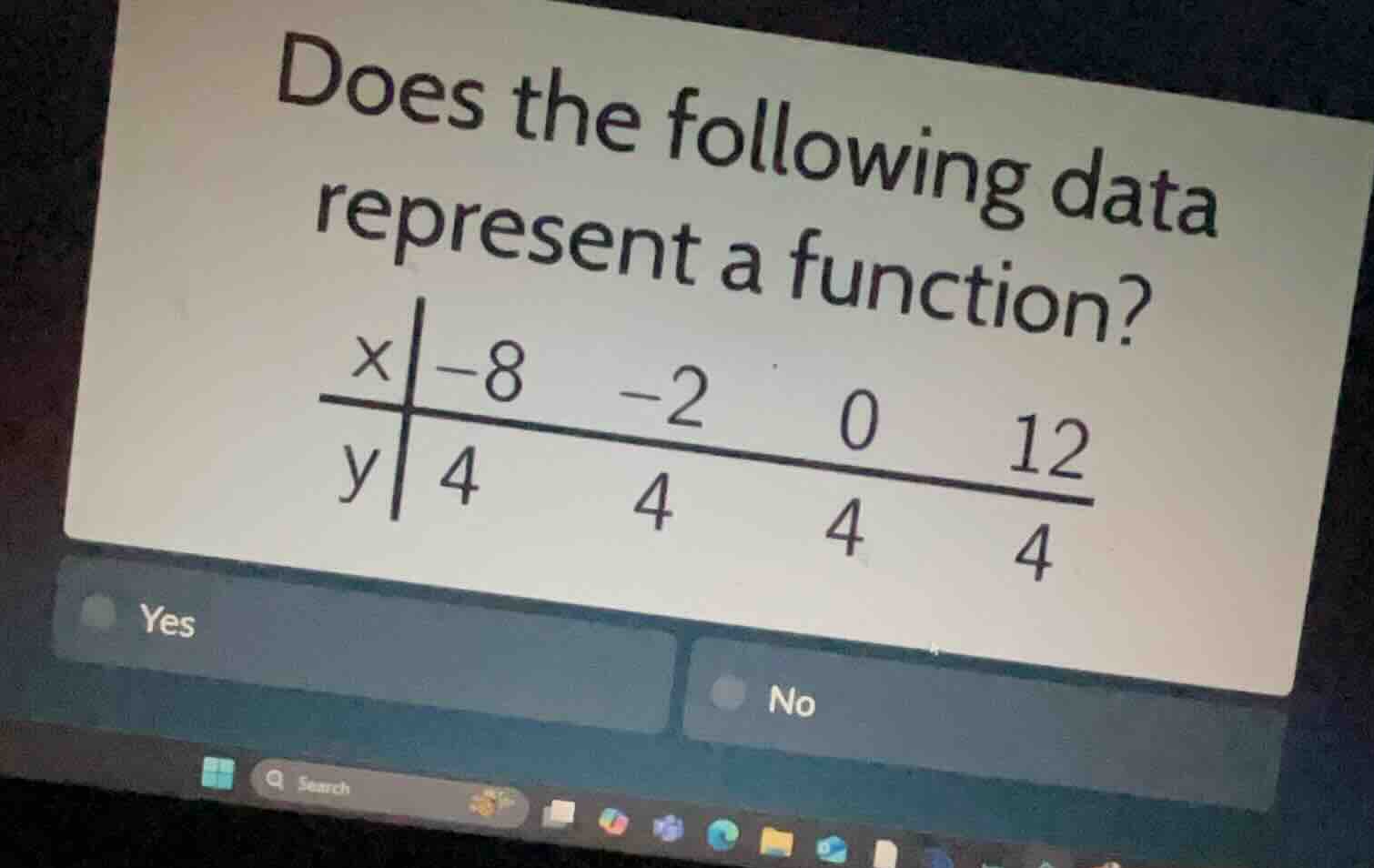does the following data represent a function? x | -8 -2 0 12 y | 4 4 4 …