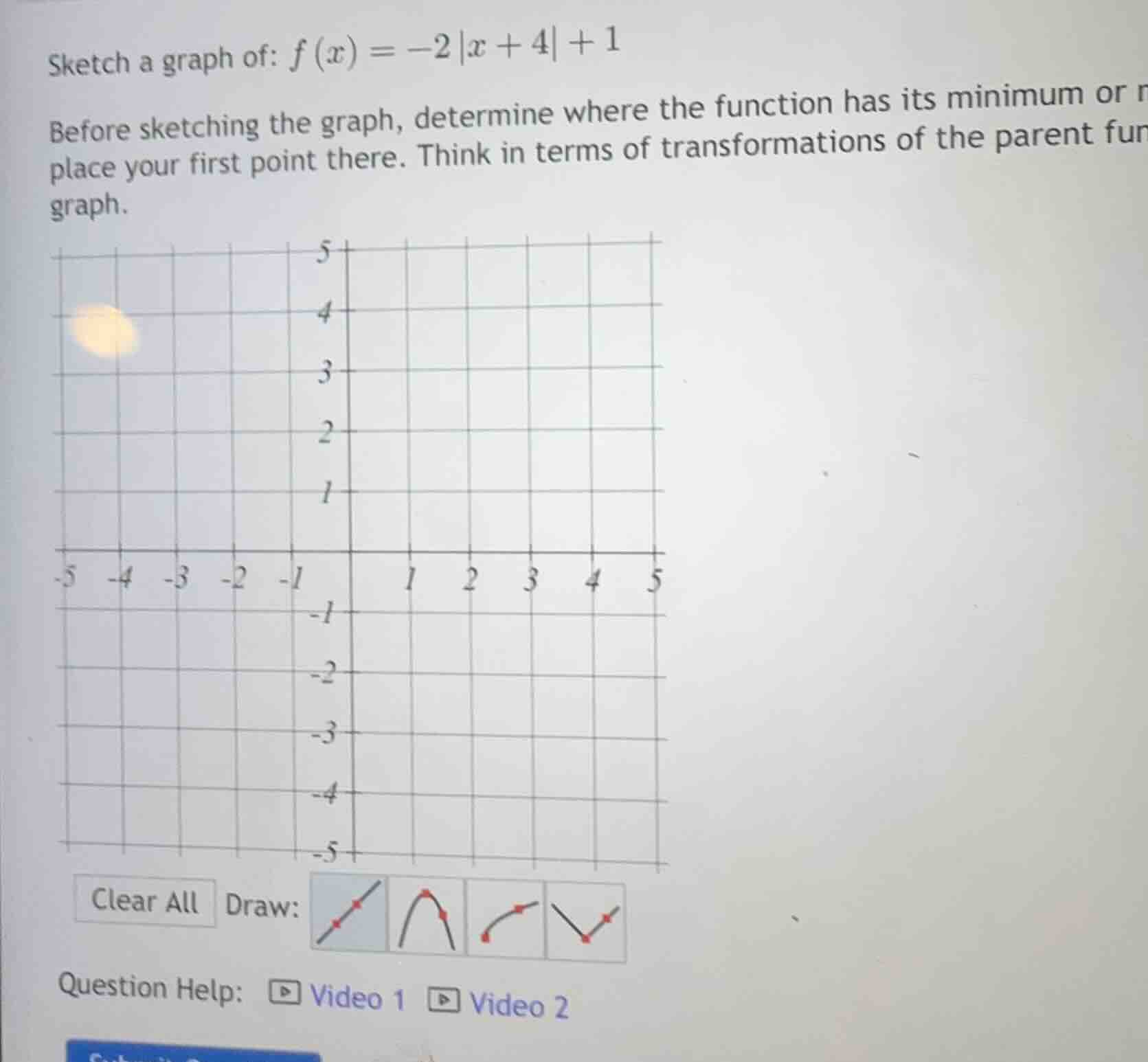 sketch a graph of: $f(x) = -2|x + 4| + 1$ before sketching the graph, d…
