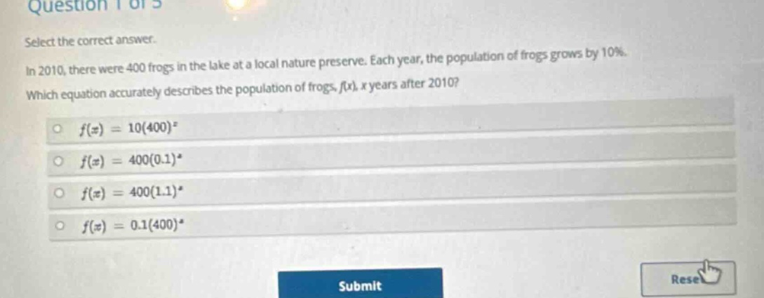 select the correct answer. in 2010, there were 400 frogs in the lake at…