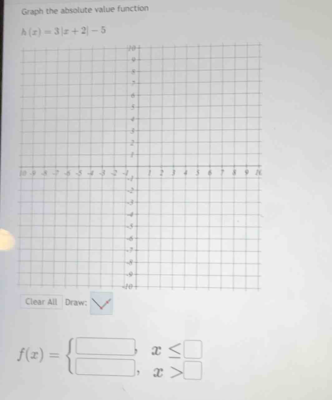 graph the absolute value function\\( h(x) = 3|x + 2| - 5 \\)\\( f(x) = …