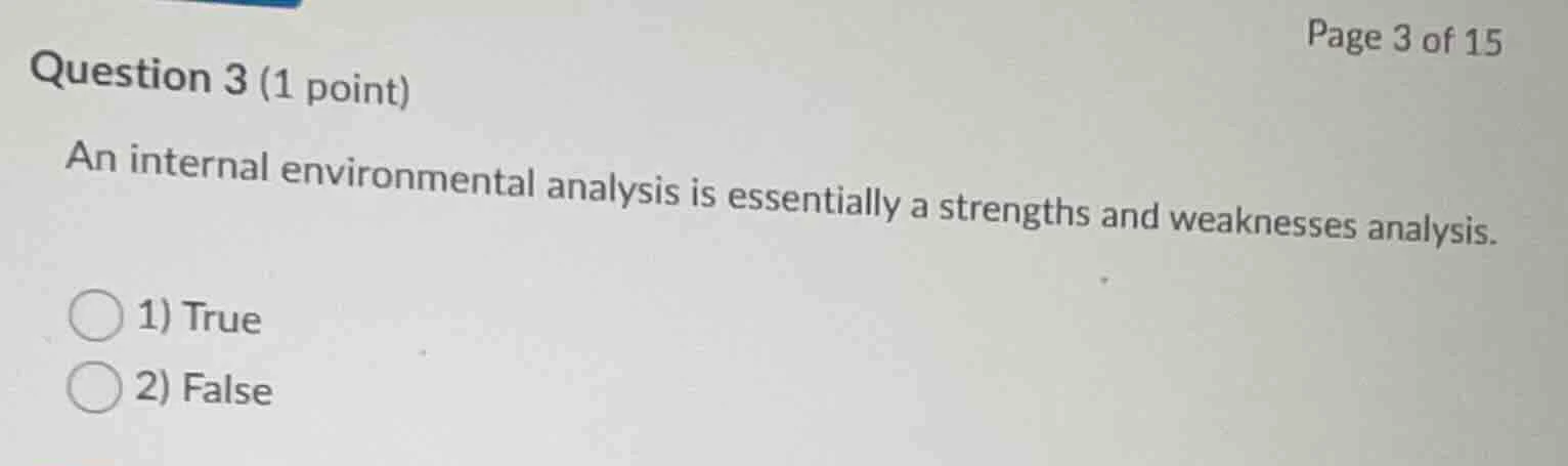 question 3 (1 point) an internal environmental analysis is essentially …