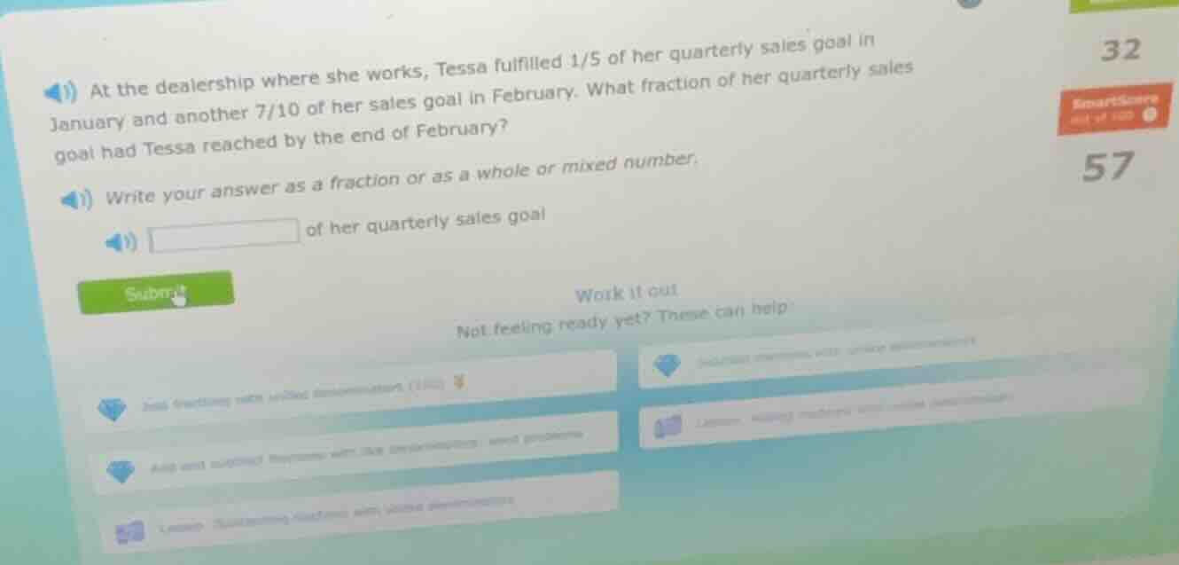 at the dealership where she works, tessa fulfilled 1/5 of her quarterly…
